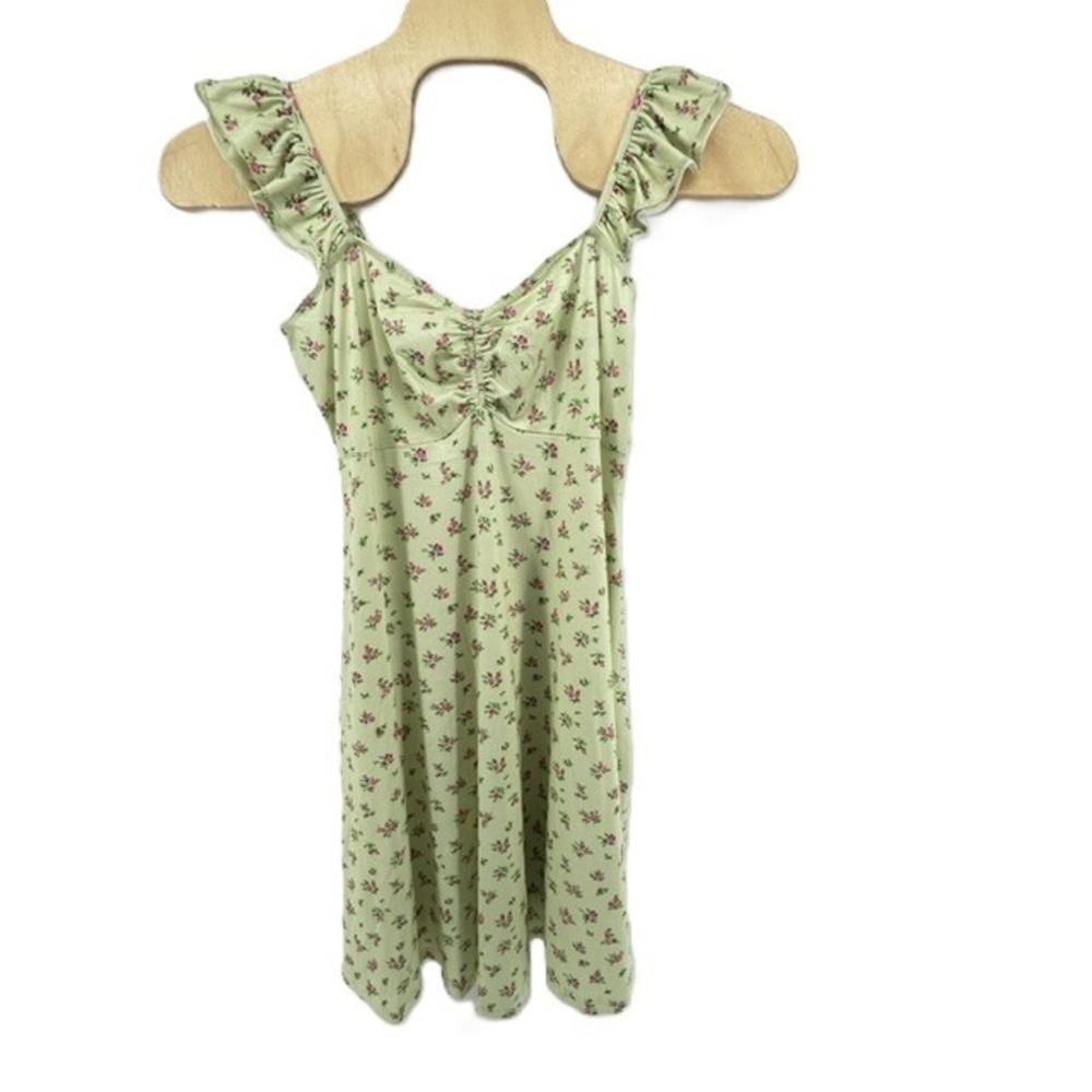 Fensace Womens XL Mini Dress Green Pink Floral Ruffle Sleeve Sweetheart Neck NEW